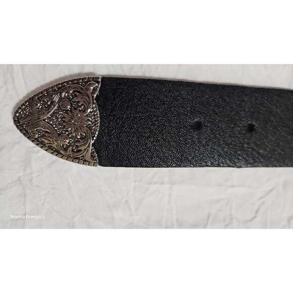 No Boundaries Western-Style Black Faux Leather Belt With Ornate Silver Buckle & - Picture 7 of 10